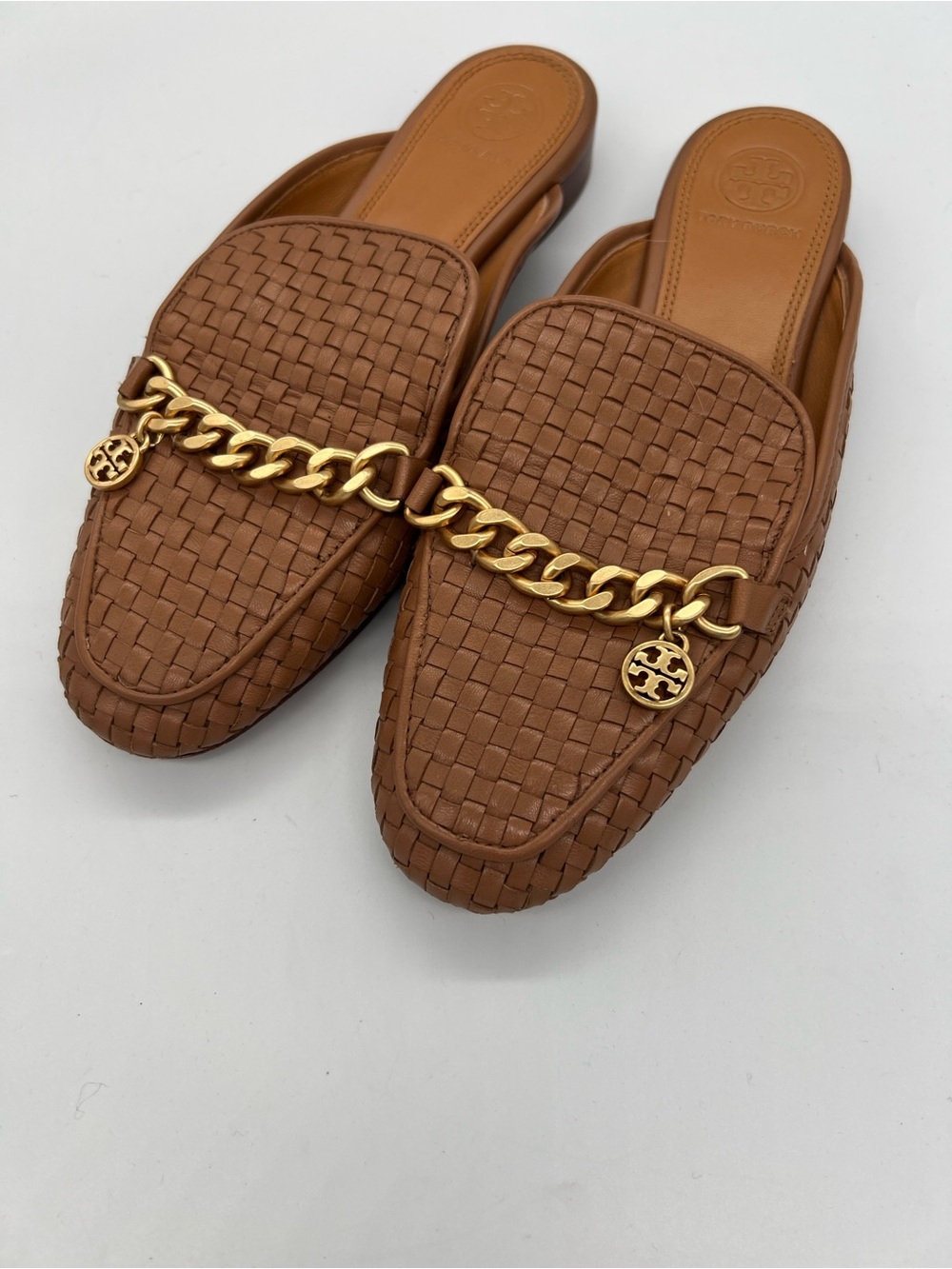 Tory Burch Braided Leather Slide Mule in tan/ brown with Gold Chain